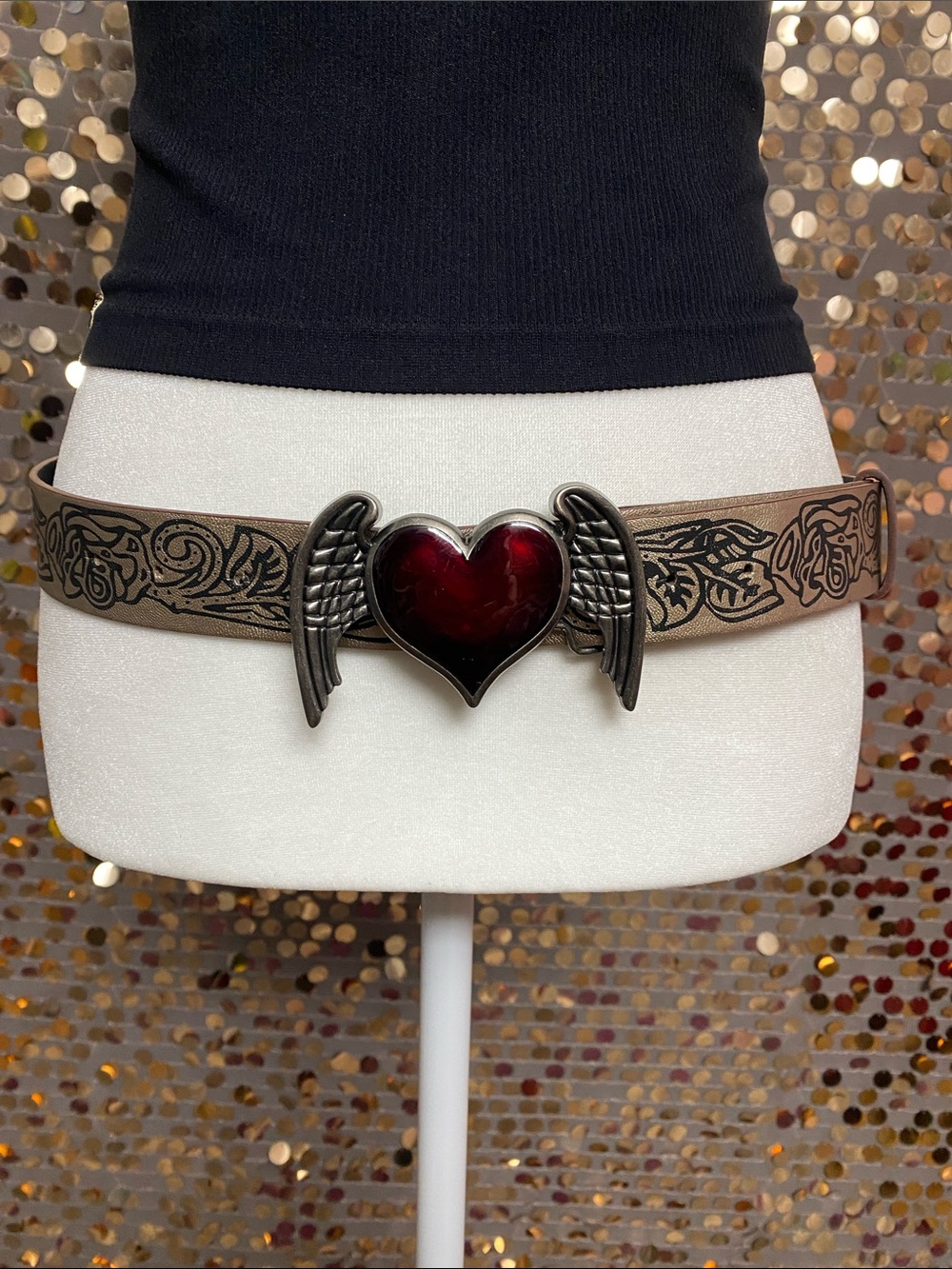 Gold and black belt with red heart and silver wings buckle #477